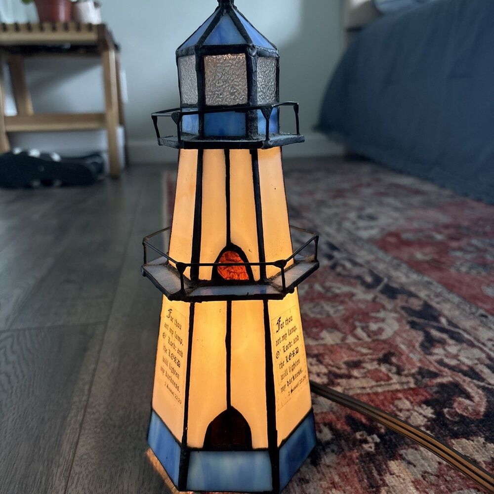 Tiffany Style Stained Glass Nautical Lighthouse Electrical Lamp with Bible Verse
